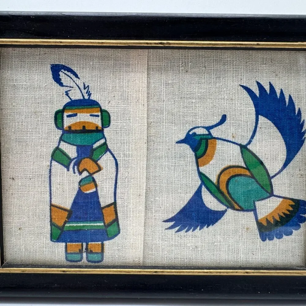 Vintage Southwest Kachina Native Style Textile Color Block Bird Wall Art